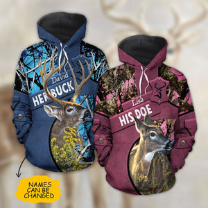 Personalized Her Buck His Doe Name Couple Deer 3D Hoodie