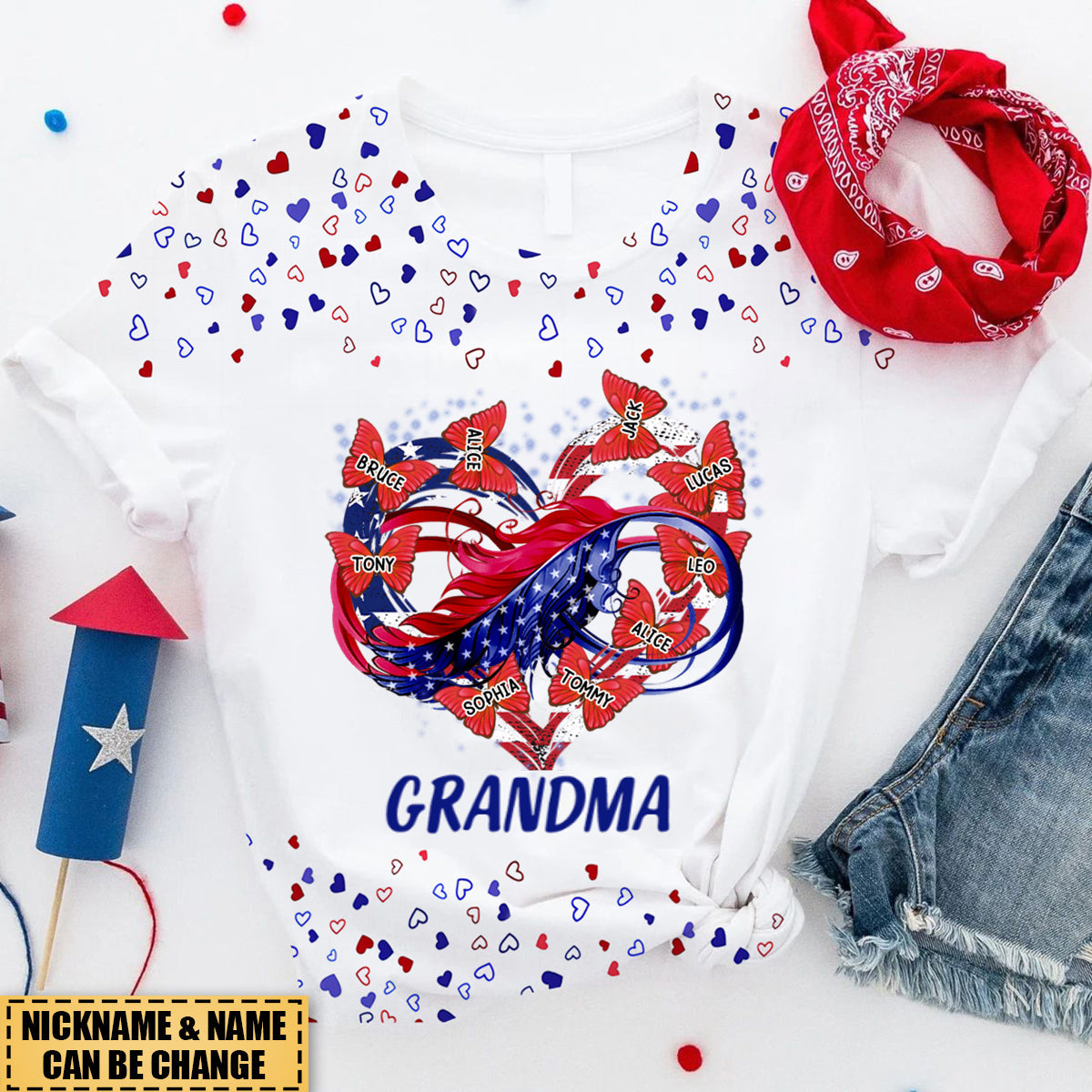 Grandma Nana Mom Butterfly Heart Love Grandkids 4th July Personalized T-shirt