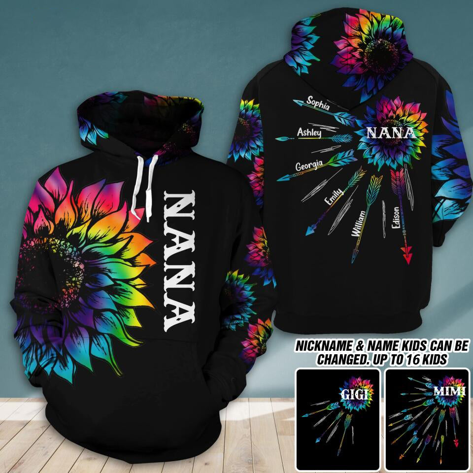 Personalized Grandma with Kid Name Tie Dye Sunflower Hoodie