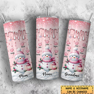Sparkling Sweet Pinky Snowman Grandma Mom Heart Kids Personalized Skinny Tumbler