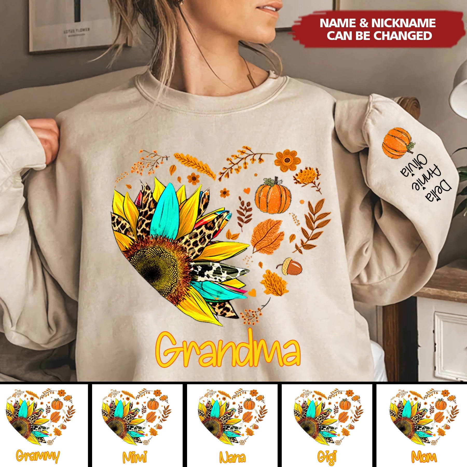 Fall Leaves Heart Personalized Autumn Sweatshirt For Grandmas