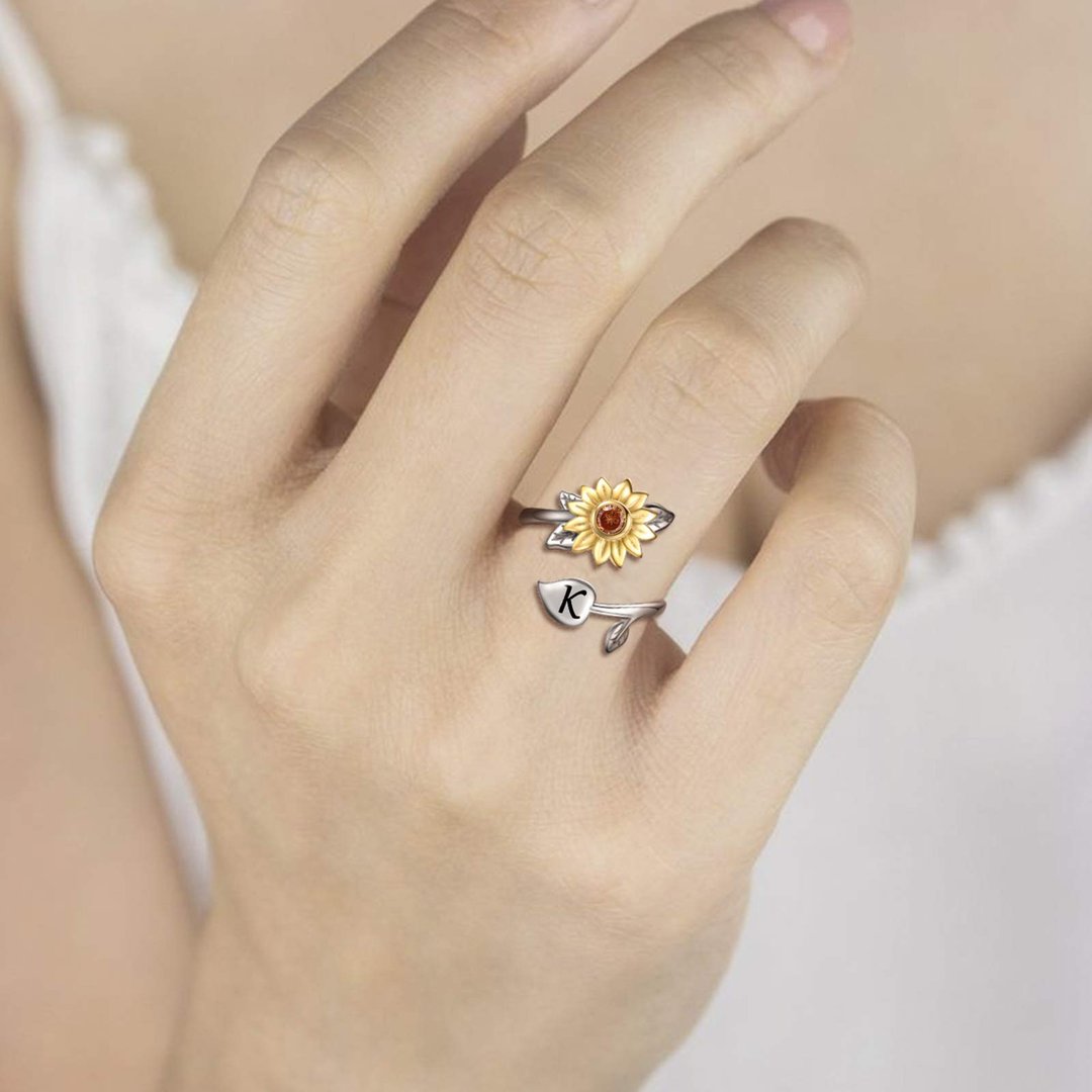 Sunflower Initial Adjustable Ring for Women