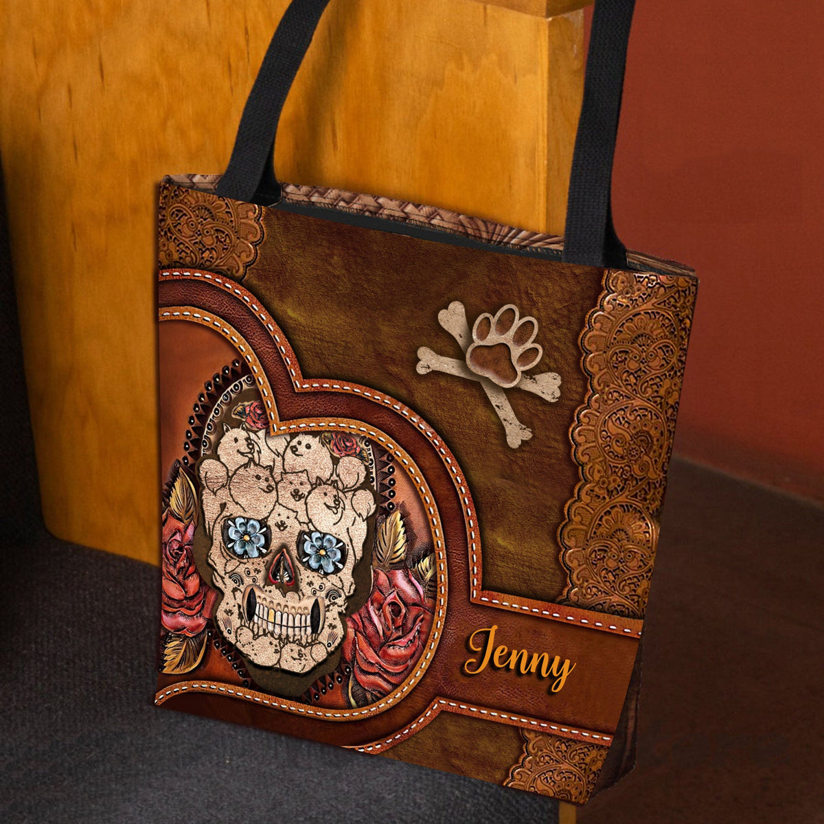 Personalized Name Skull Flower Dog Cloth Tote Bag