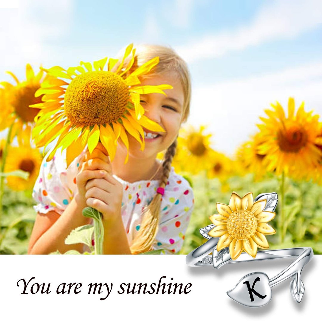 Sunflower Initial Adjustable Ring for Women