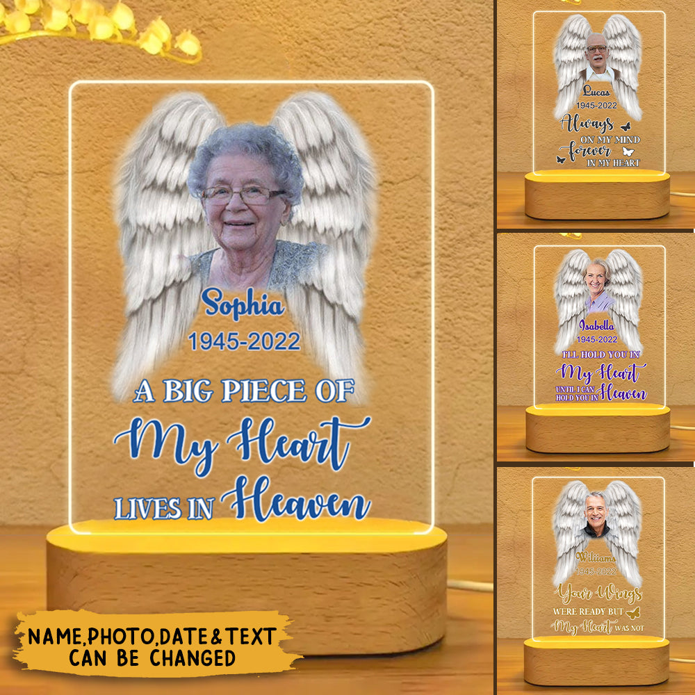Memorial Upload Photo Wings, A Big Piece Of My Heart Lives In Heaven Personalized Led Lamp Acrylic Plaque