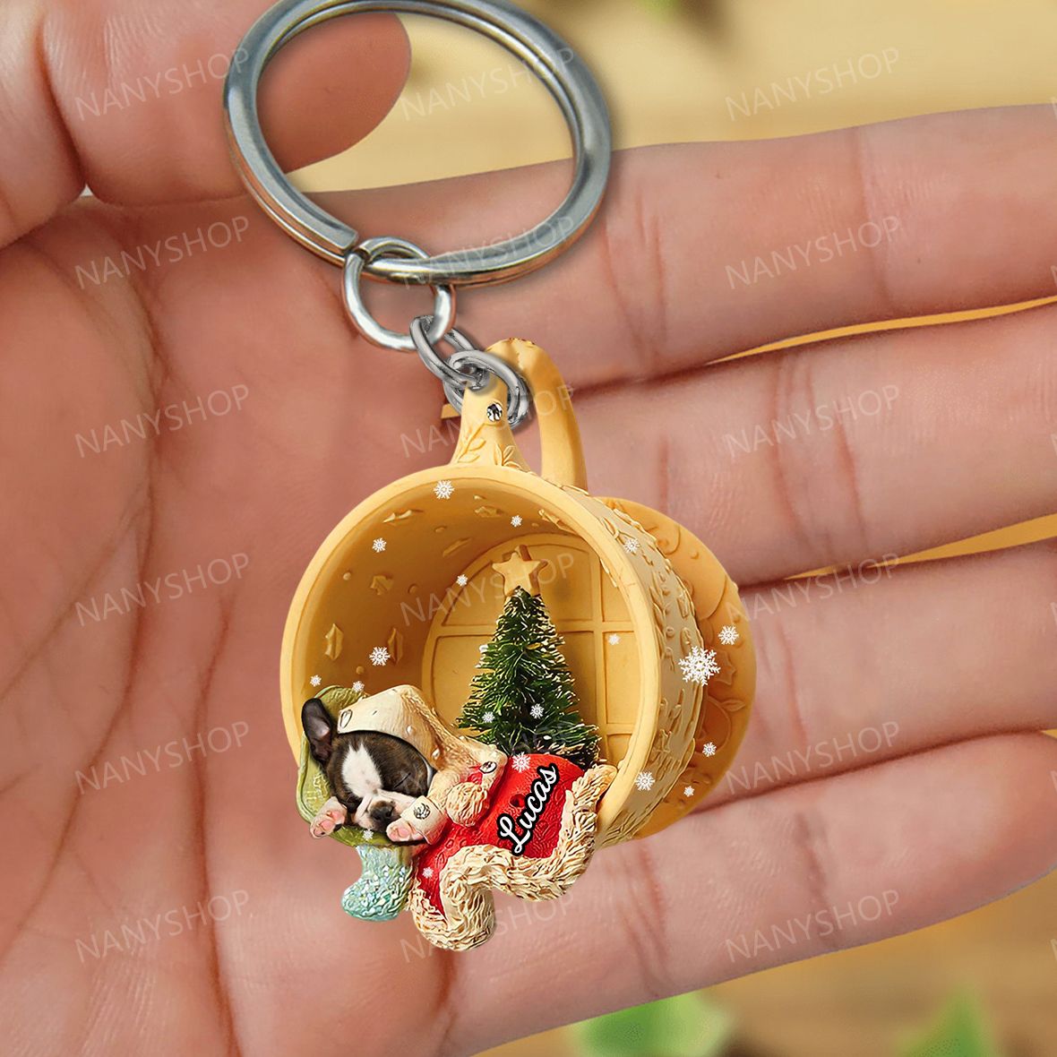 Personalized  Dog Sleeping In A Tiny Cup Christmas Holiday-Two Sided Keychain