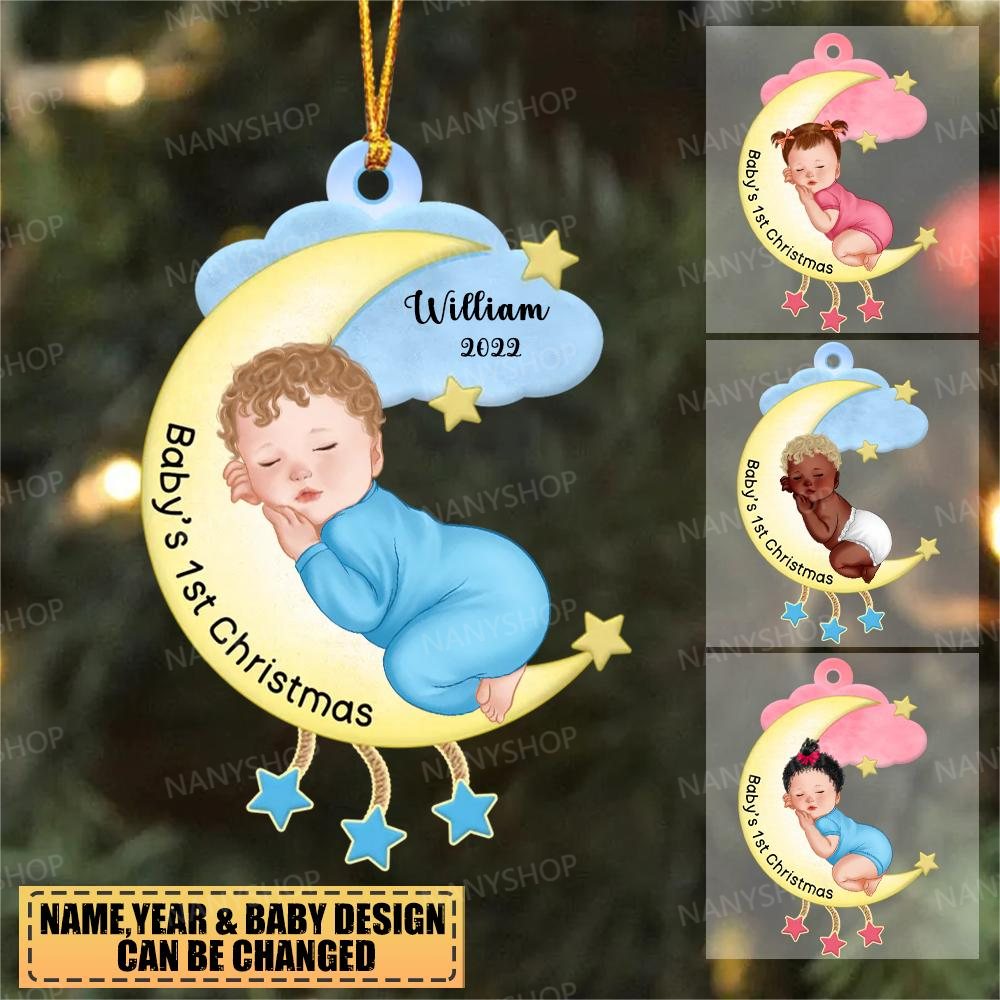 Personalized Newborn Baby Sleeps On Moon-Two Sided Ornament