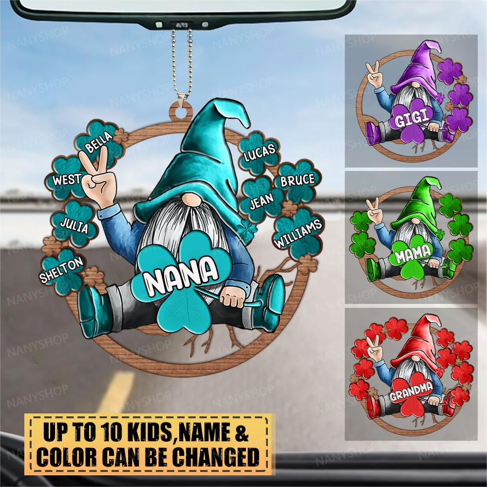 Personalized Custom Mom, Grandma Gnome With Clover-Two Sided Wood Ornament