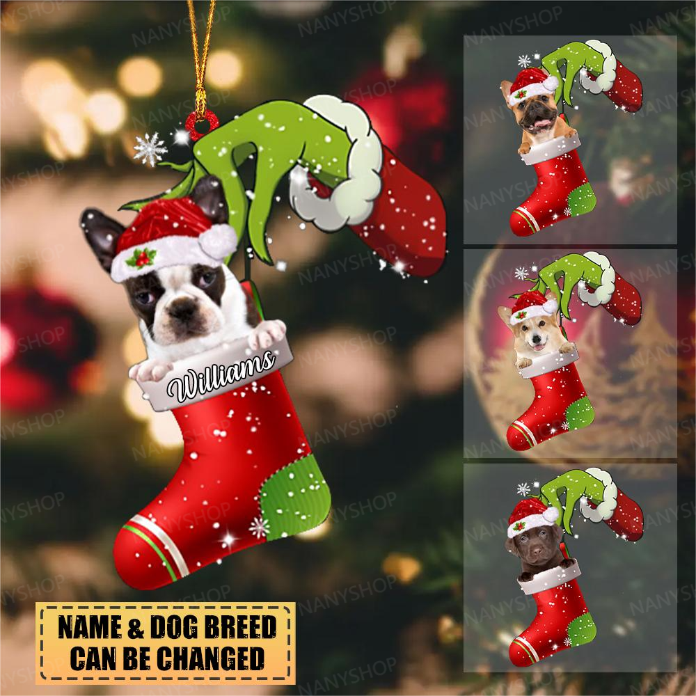 Personalized Dog & Stocking Hand Christmas-Two Sided Ornament