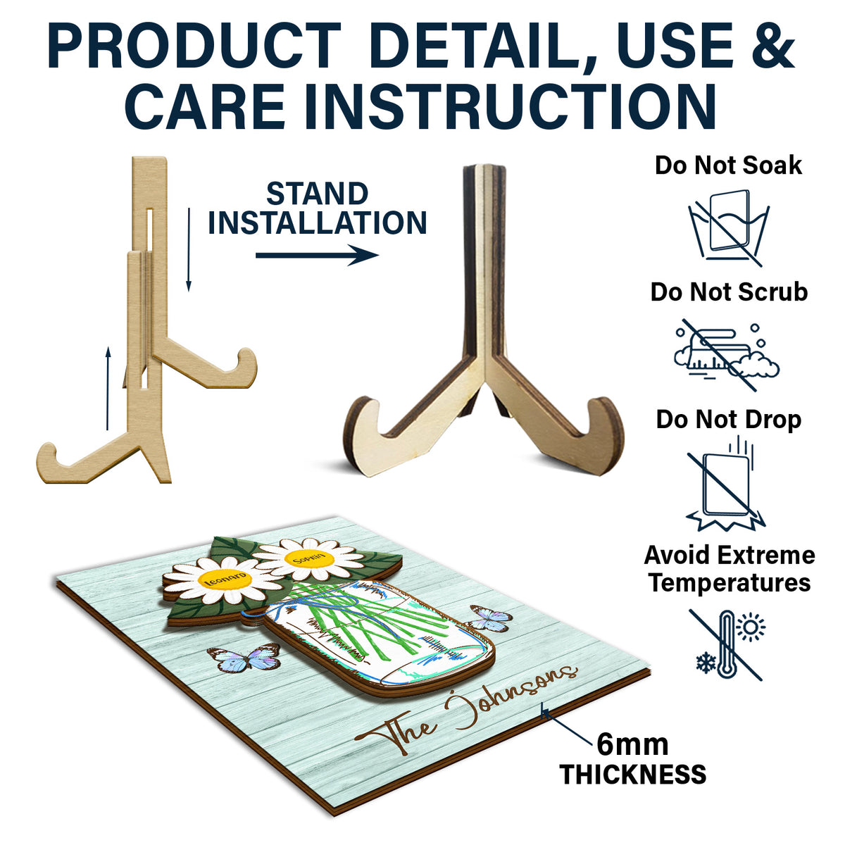 Personalized Grandma/Mom Daisies In Jar 2 Layers Wooden Plaque With Stand