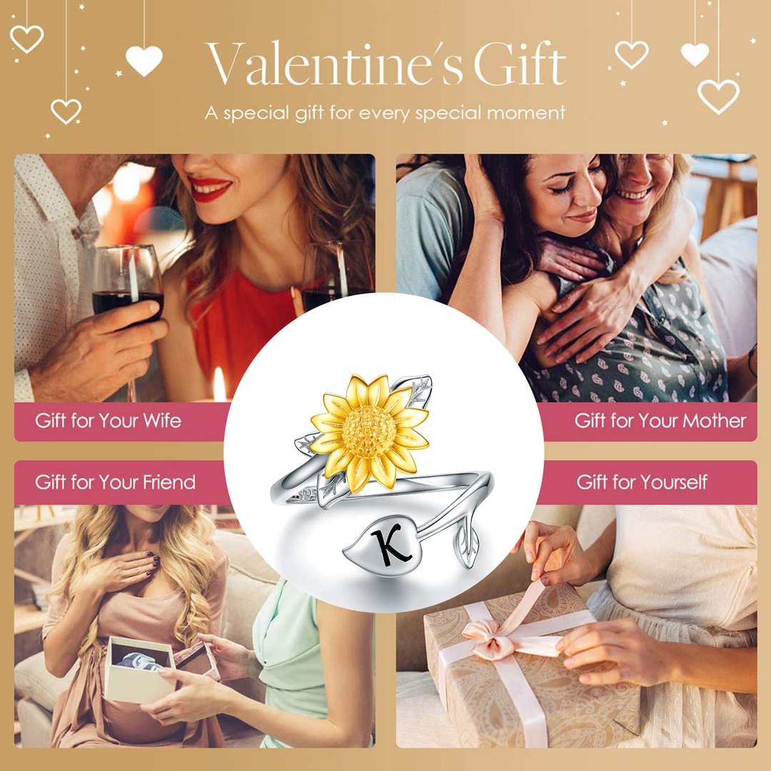 Sunflower Initial Adjustable Ring for Women