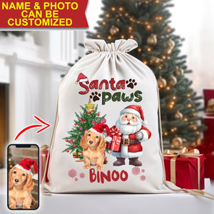 Santa Paws - Custom Photo And Name, Personalized String Bag, Gift For Pet Lover, Christmas Gift