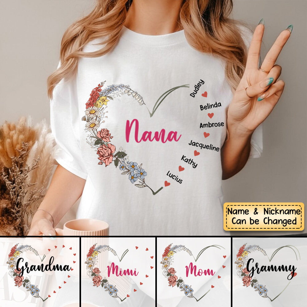 Flower Grandma Mom Heart Kids Personalized Pure Cotton T-Shirt