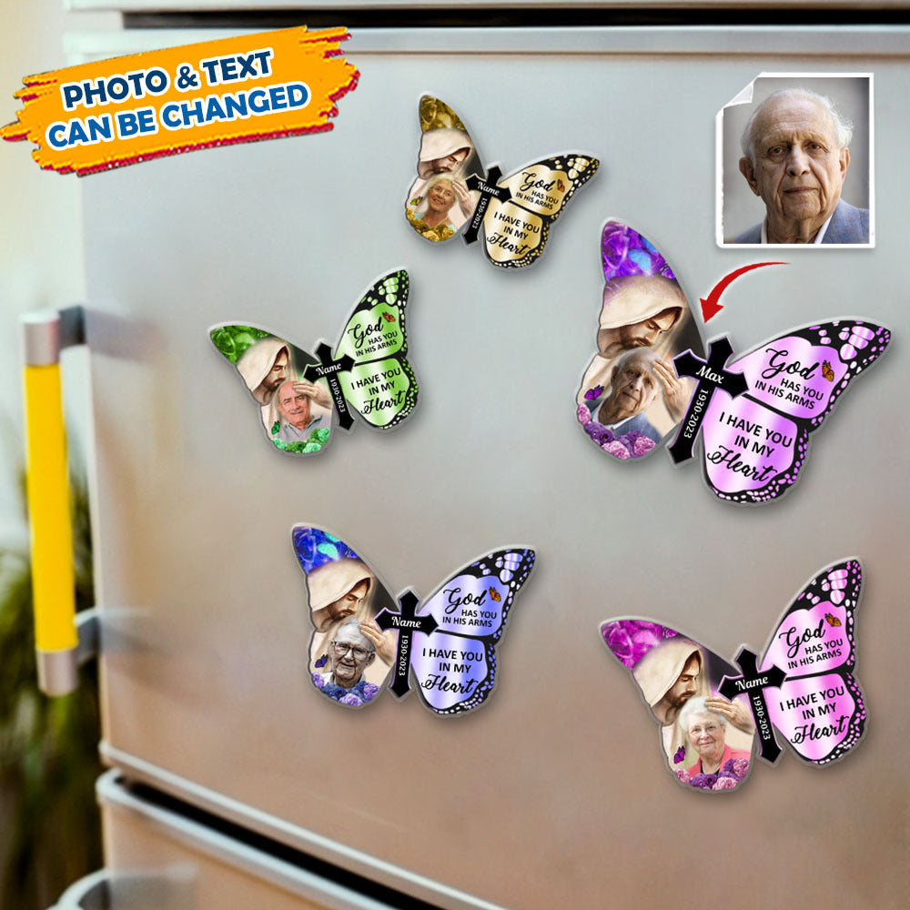 Personalized God Has You In His Arm Memorial Fridge Magnet