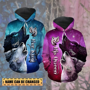 Wolf Couple Her King His Queen Valentine Gift Couple Matching 3D Hoodie