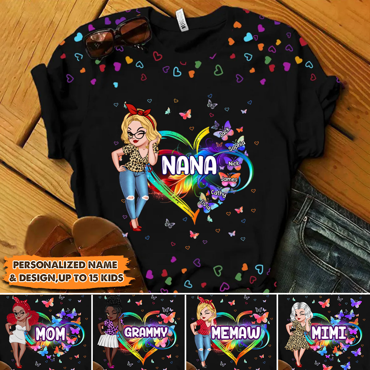 Personalized Grandma/Mom Kids Infinity Love Rainbow Heart Butterfly T-Shirt
