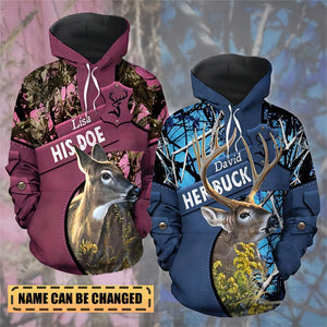 Personalized Her Buck His Doe Name Couple Deer 3D Hoodie