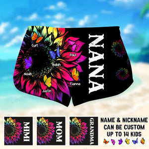 Personalized Grandma with Kid Name Tie Dye Sunflower Butterfly Woman Beach Shorts