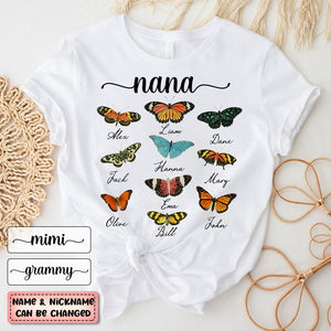 Personalized Custom Nickname Grandma Moms Aunties Butterfly Grandkids T-Shirt