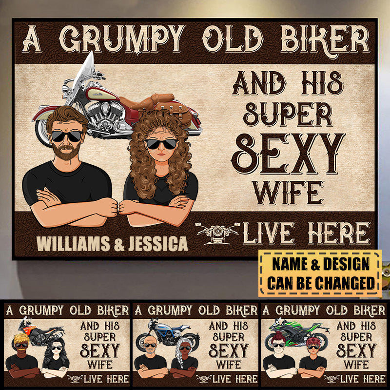 Personalized Gift for Motorcycle Lovers Poster-A Grumpy Old Biker And His Super Sexy Wife Live Here