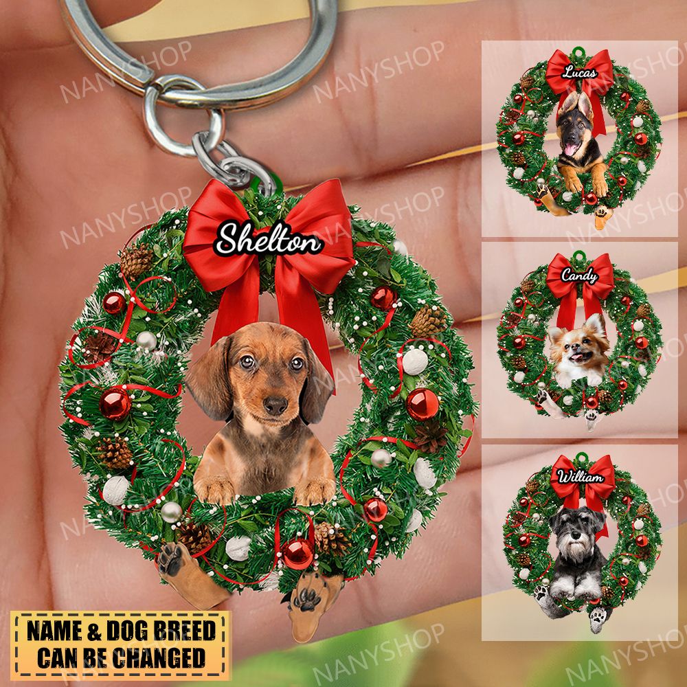 Personalized Dog & Christmas Wreath-Two Sided Keychain