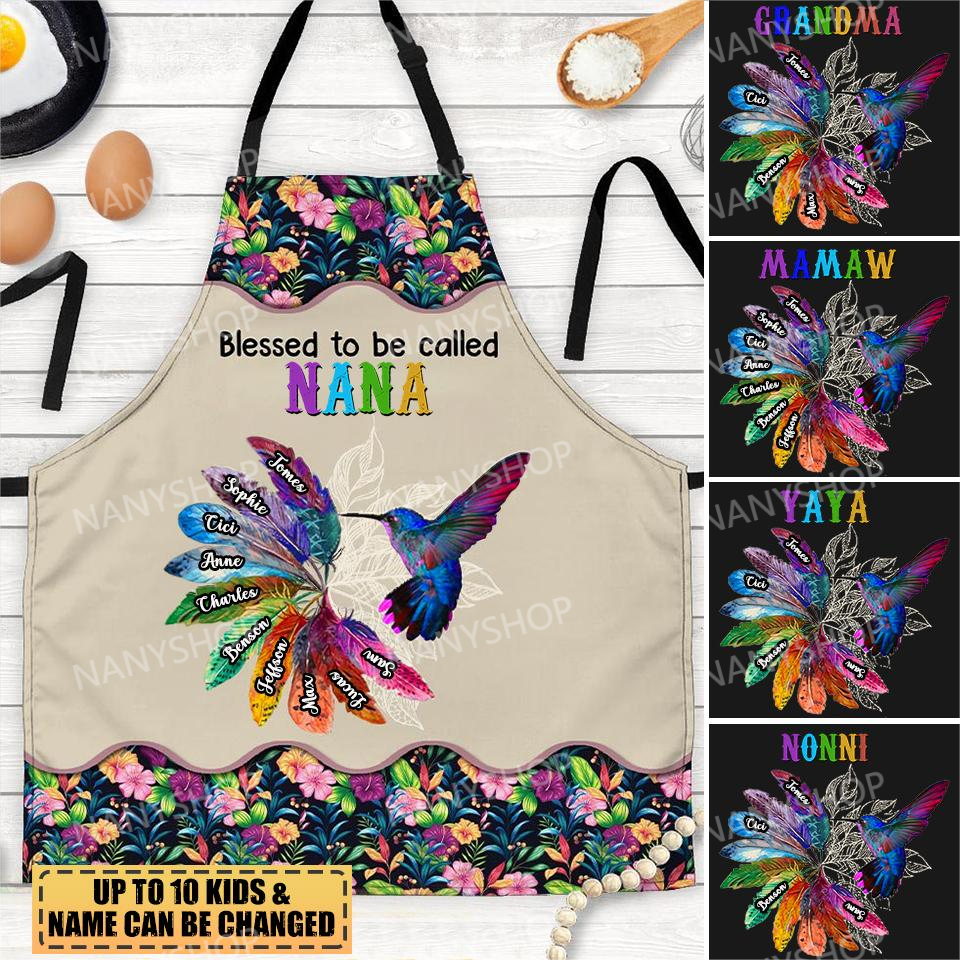 Personalized Blessed To Be Called Grandma Hummingbird Flower Pattern Apron