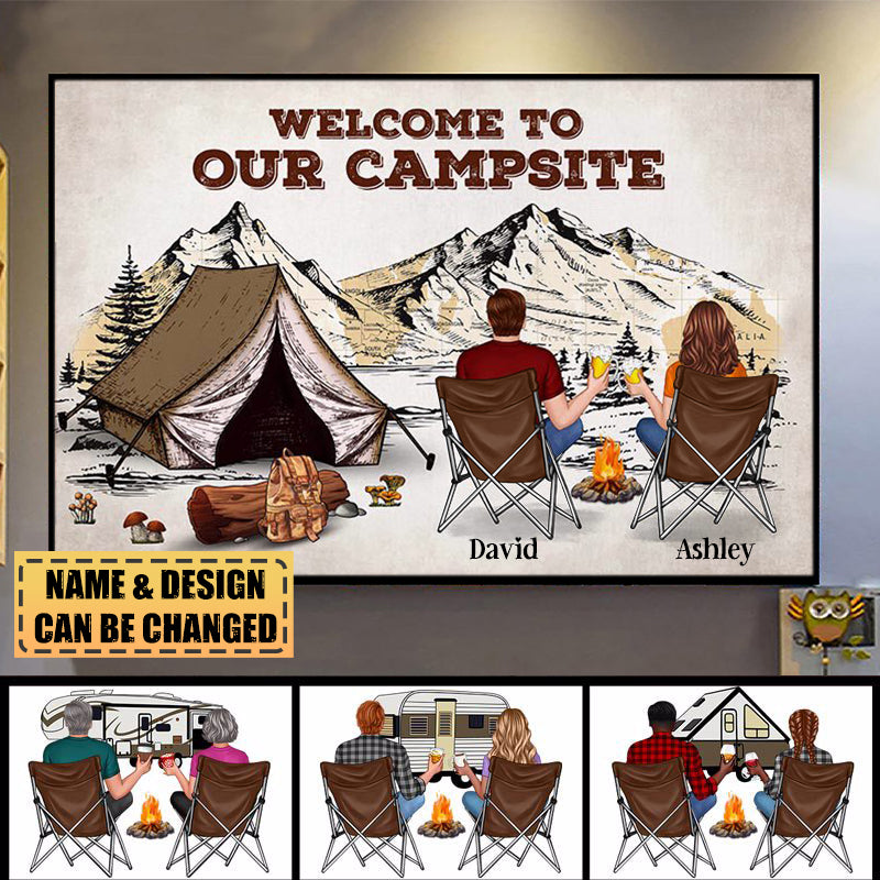 Camping Couple Back View Mountain Map Personalized Poster