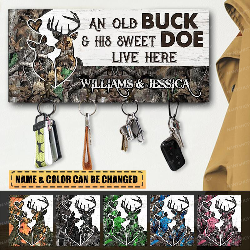 Deer Couple Camo Old Buck Sweet Doe Personalized Custom Wood Key Holder