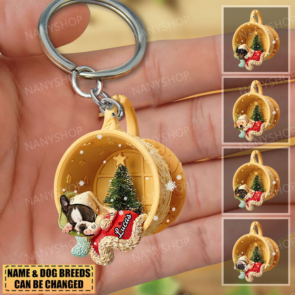 Personalized  Dog Sleeping In A Tiny Cup Christmas Holiday-Two Sided Keychain
