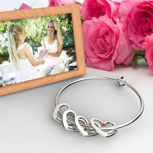 Mother's Day Gift Heart Charm Bangle with Personalized Birthstones and Names