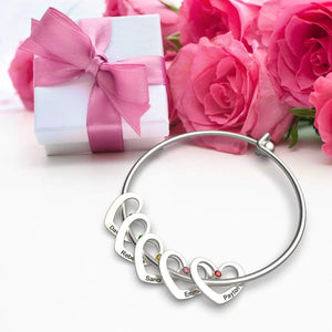 Mother's Day Gift Heart Charm Bangle with Personalized Birthstones and Names