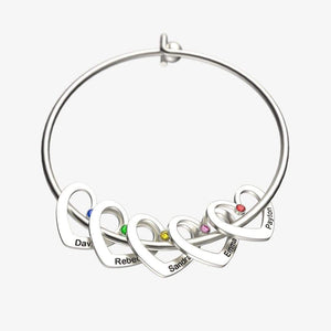 Mother's Day Gift Heart Charm Bangle with Personalized Birthstones and Names