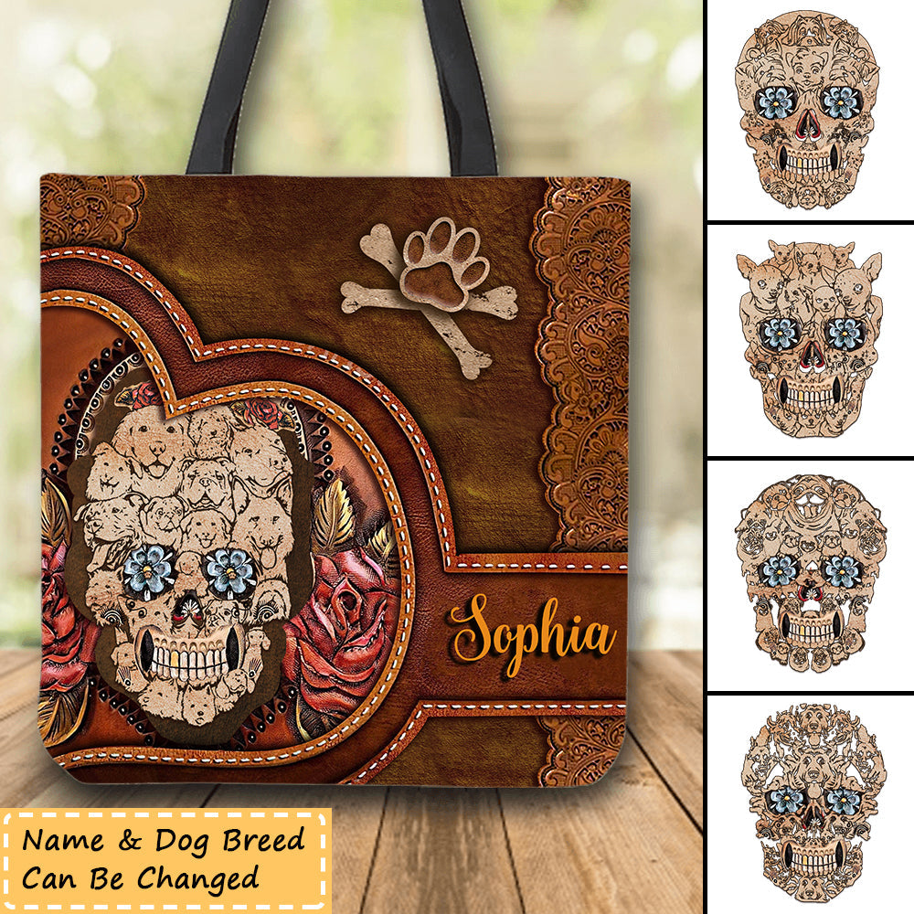 Personalized Name Skull Flower Dog Cloth Tote Bag