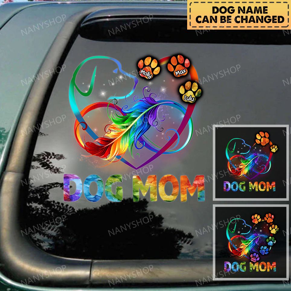 Personalized Rainbow Feather Infinity Heart Dog Mom Decal