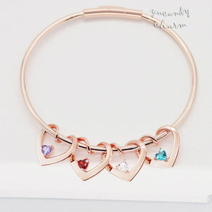 Cunstom Name&Birthstone Family Bangle Bracelet with Heart Shape Pendants