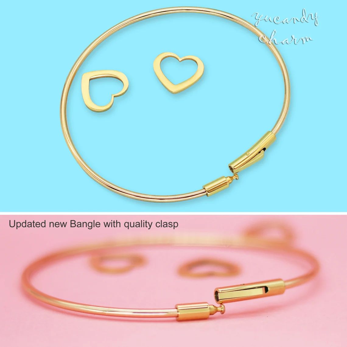 Cunstom Name&Birthstone Family Bangle Bracelet with Heart Shape Pendants