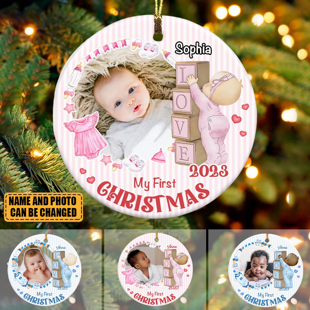 Newborn Gift Baby First Photo Circle Ornament