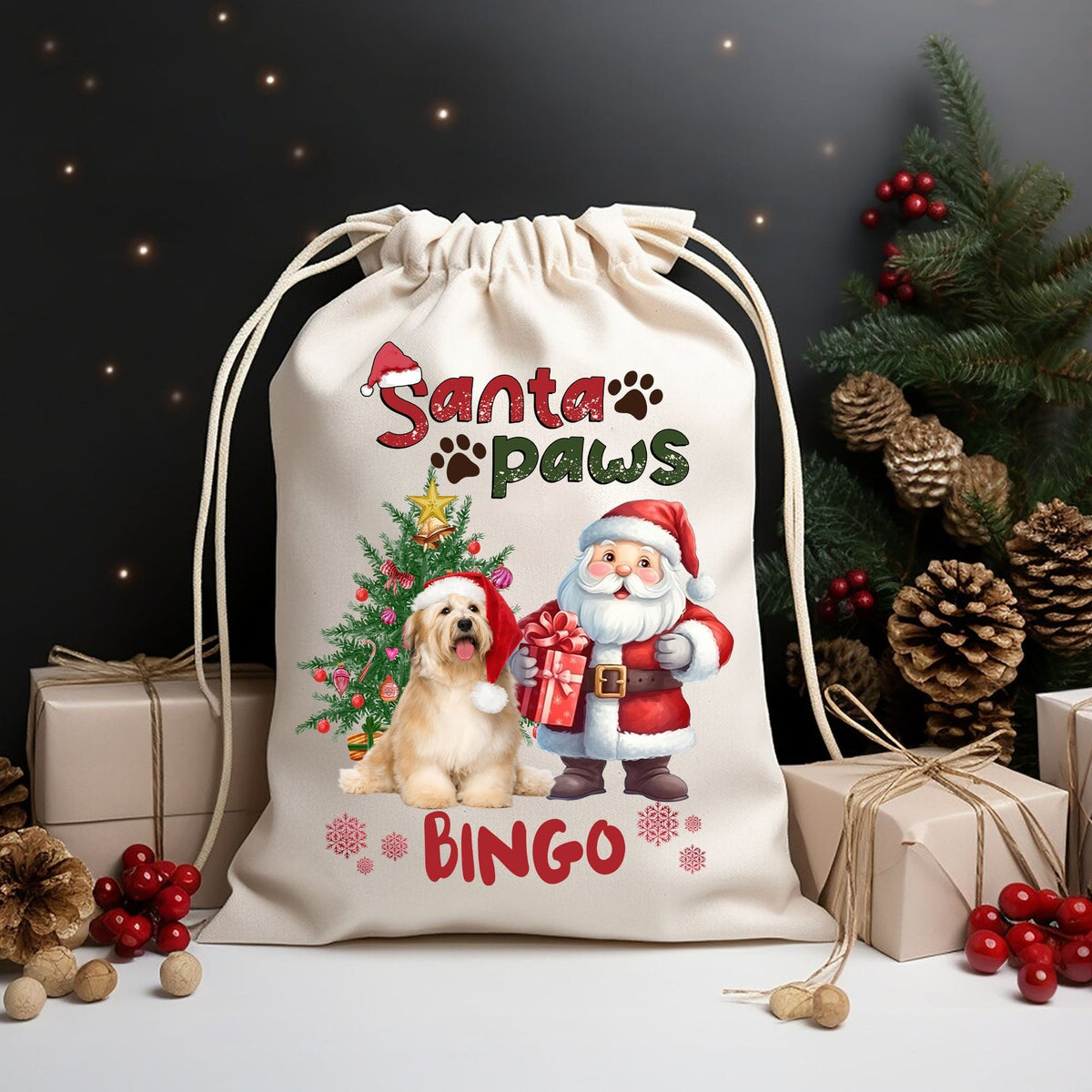 Santa Paws - Custom Photo And Name, Personalized String Bag, Gift For Pet Lover, Christmas Gift
