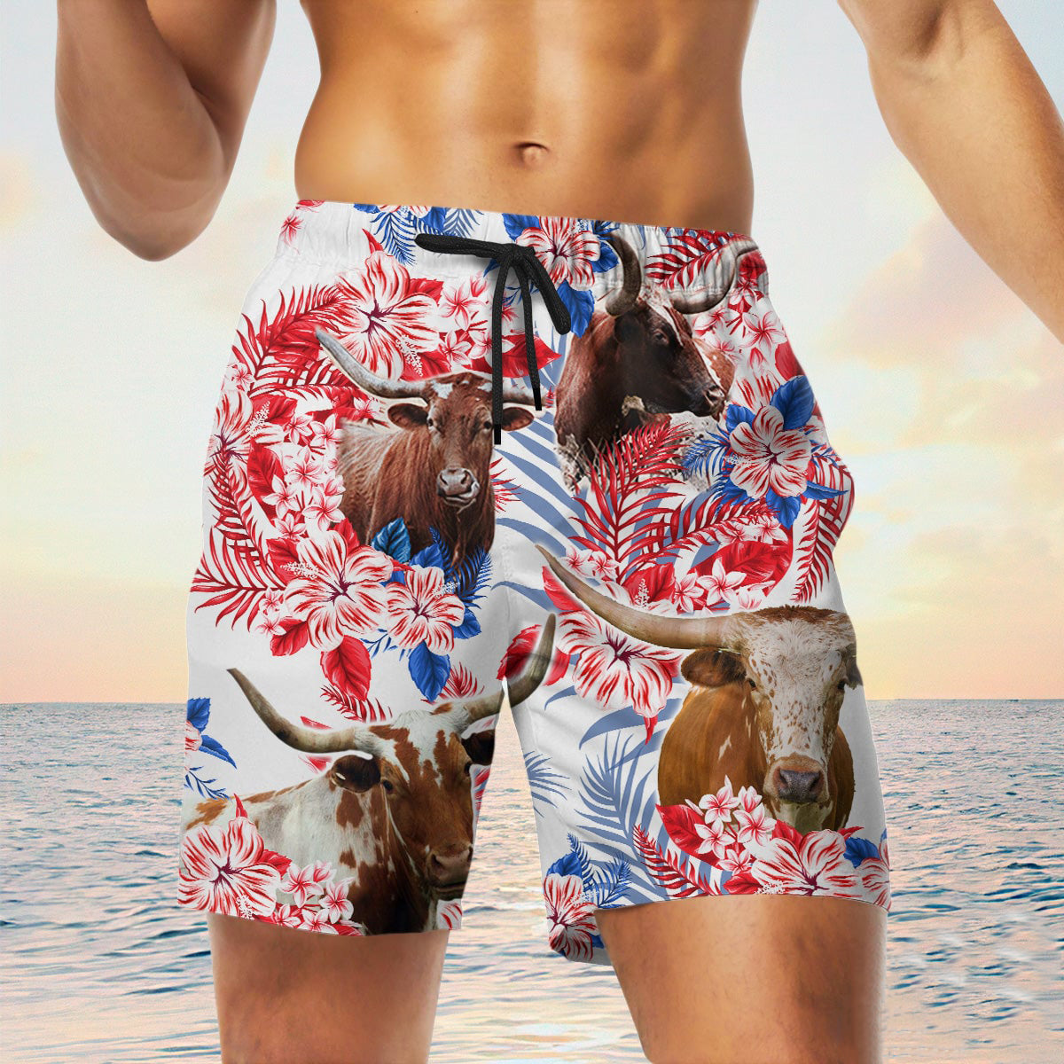 tx longhorn cow In American Flag Pattern Shorts