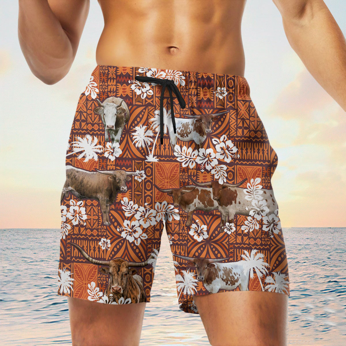 tx longhorn cow In Red Tribal Shorts