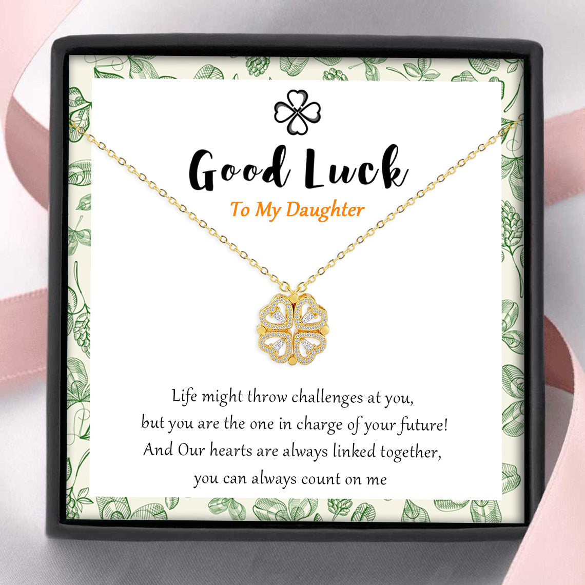 To My Daughter-Four Leaf Clover Necklace Dainty Magnetic Heart Necklace